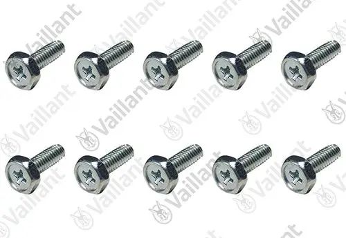 Vaillant Schrauben in Metalloptik, mit Sechskantkopf und Gewinde, angeordnet in zwei Reihen, insgesamt zehn Stück.